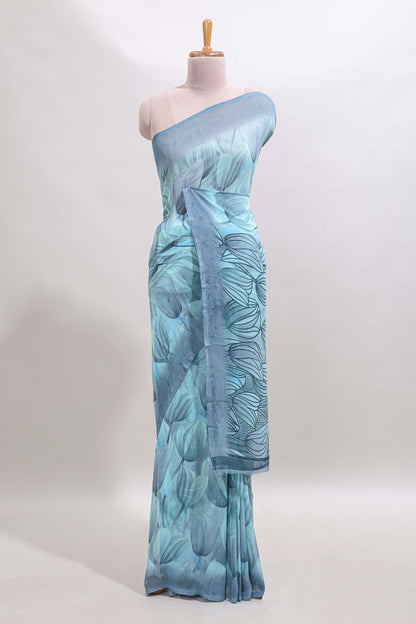 Blue floral design georgette saree with self border and matching blouse