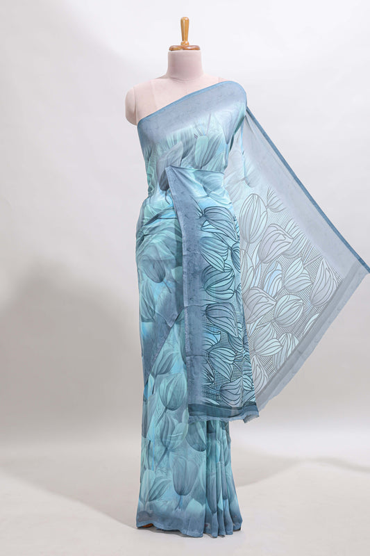 Blue floral design georgette saree with self border and matching blouse