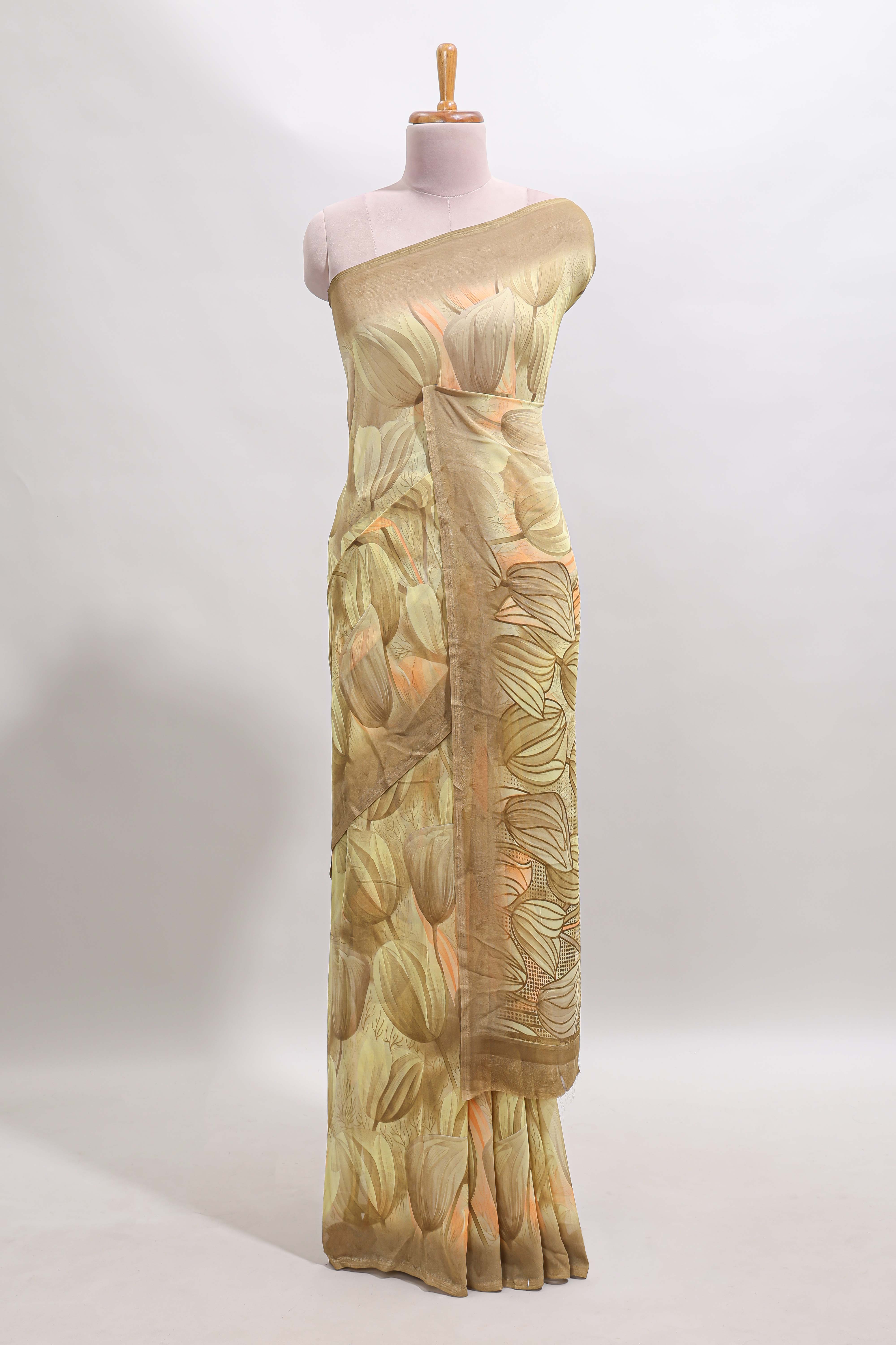 Soft yellow floral design georgette saree with self border and matching blouse