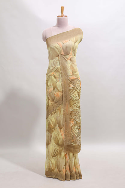 Soft yellow floral design georgette saree with self border and matching blouse