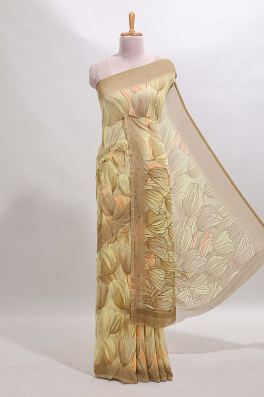 Soft yellow floral design georgette saree with self border and matching blouse