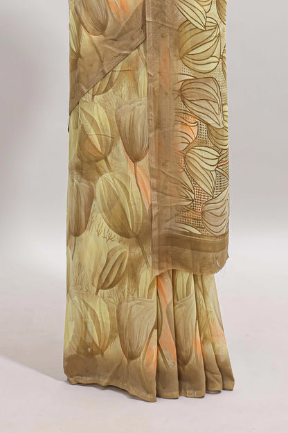 Soft yellow floral design georgette saree with self border and matching blouse