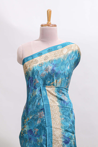 Blue floral design georgette saree with contrast border and matching blouse