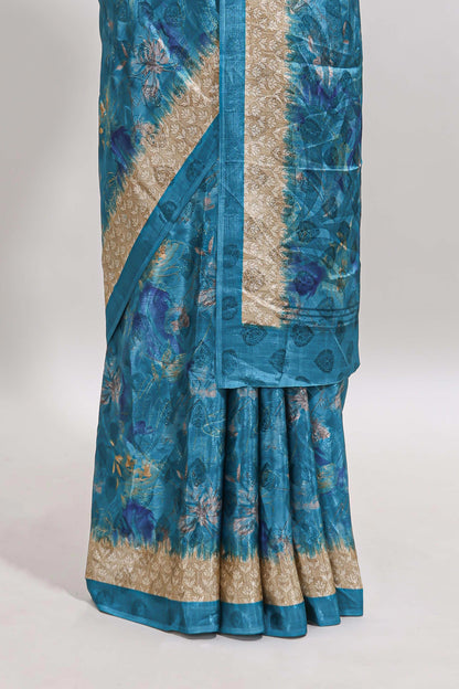Blue floral design georgette saree with contrast border and matching blouse