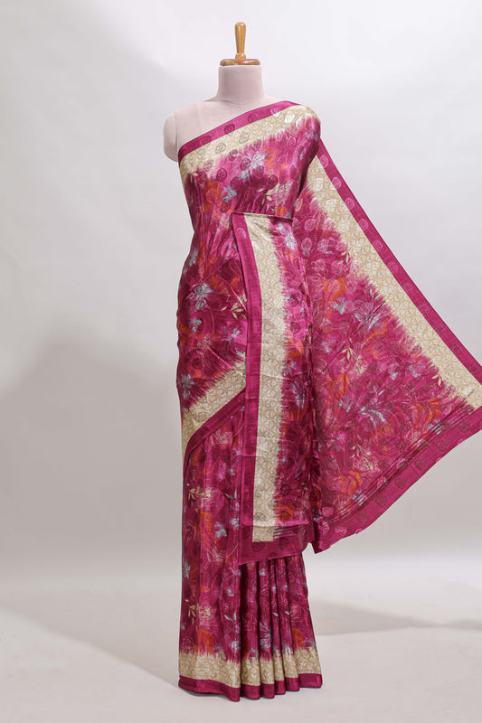 Magenta floral design georgette saree with contrast border and matching blouse