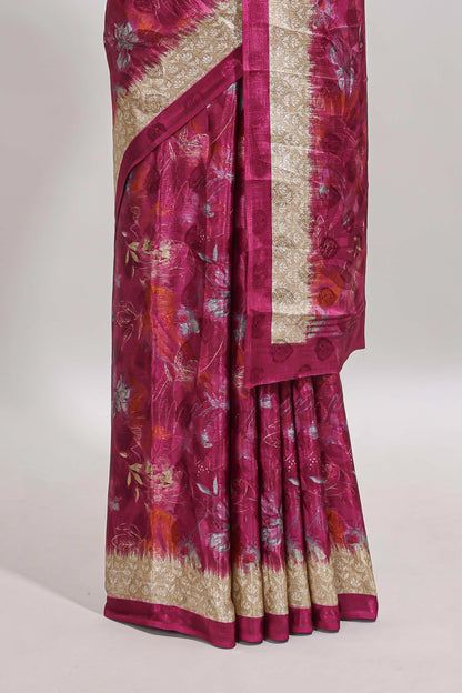 Magenta floral design georgette saree with contrast border and matching blouse