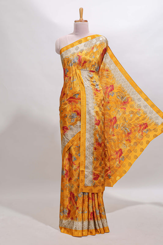 Golden yellow floral design georgette saree with contrast border and matching blouse