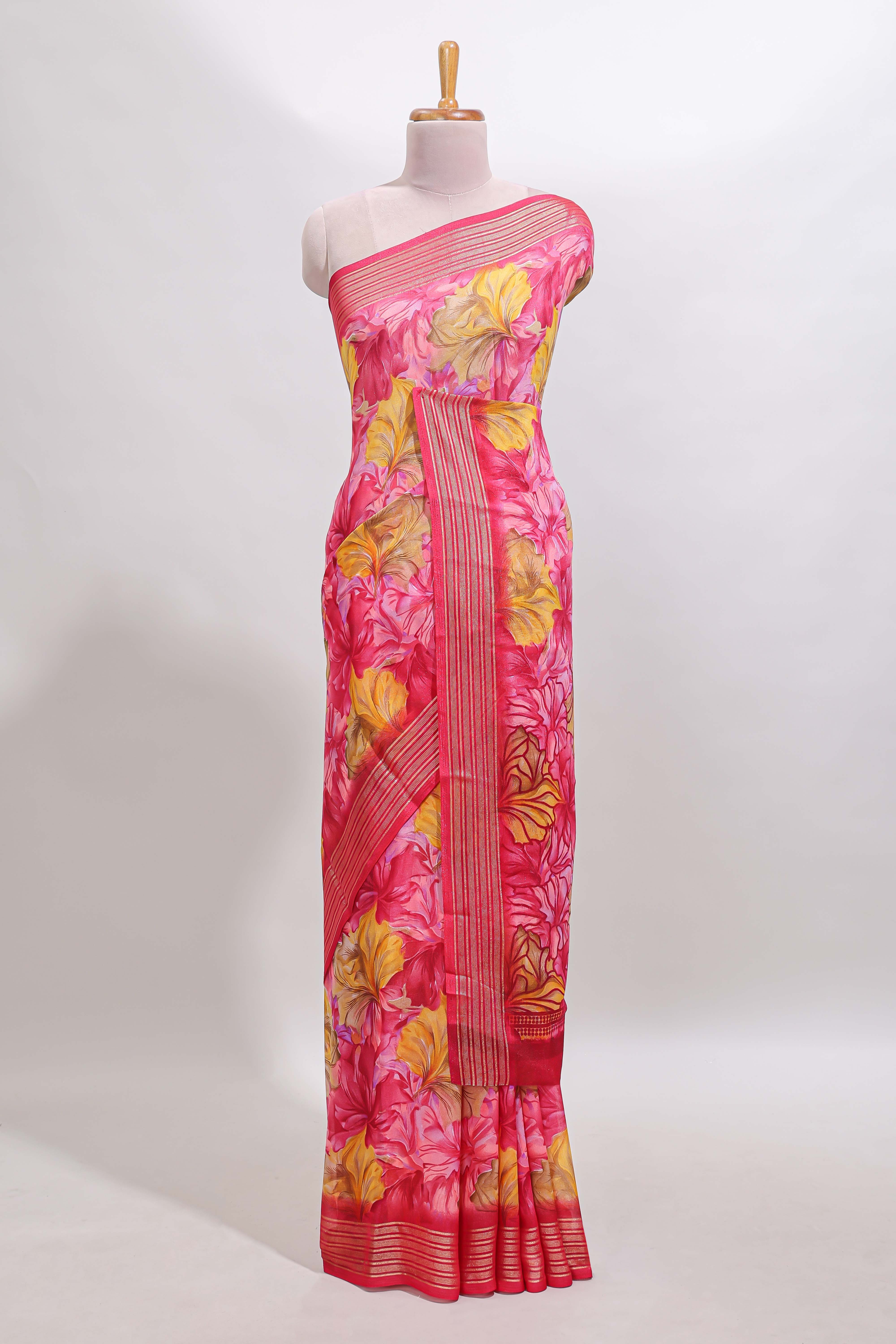 Pink floral design georgette saree with self border and matching blouse