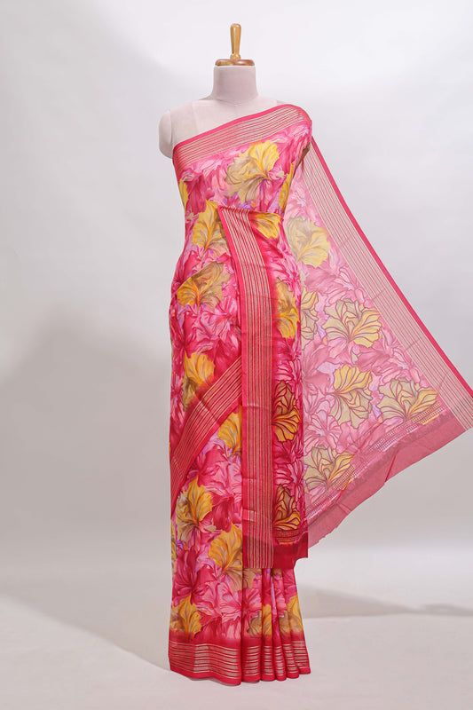 Pink floral design georgette saree with self border and matching blouse