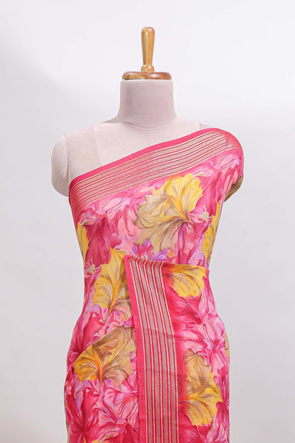 Pink floral design georgette saree with self border and matching blouse