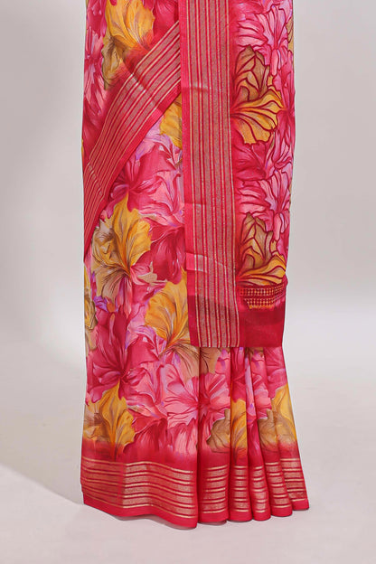 Pink floral design georgette saree with self border and matching blouse