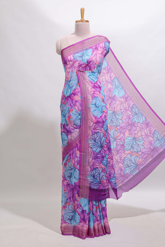 Lavender floral design georgette saree with self border and matching blouse