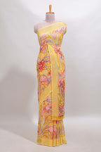 Yellow floral design georgette saree with self border and matching blouse