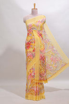 Yellow floral design georgette saree with self border and matching blouse