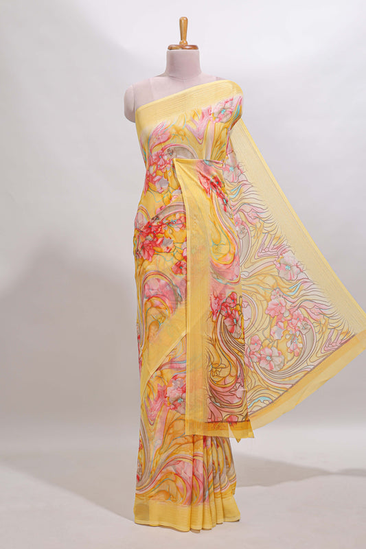 Yellow floral design georgette saree with self border and matching blouse