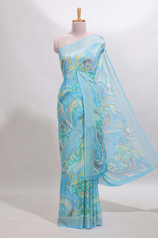 Blue floral design georgette saree with self border and matching blouse