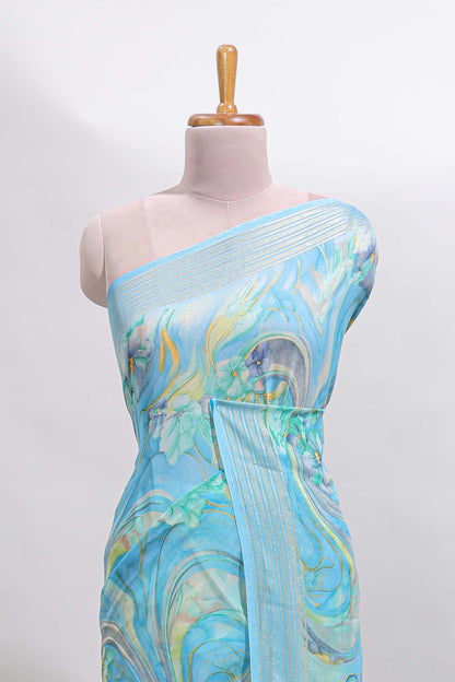 Blue floral design georgette saree with self border and matching blouse