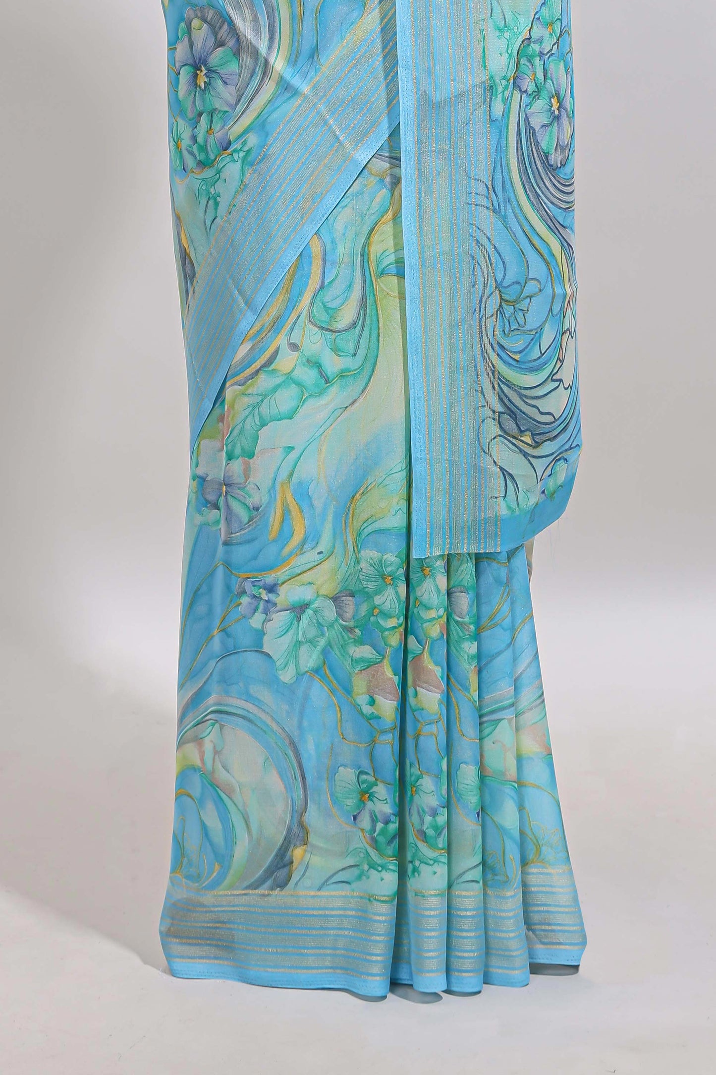 Blue floral design georgette saree with self border and matching blouse