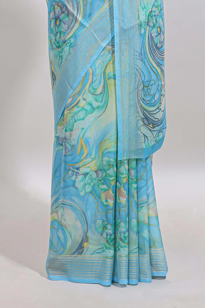 Blue floral design georgette saree with self border and matching blouse