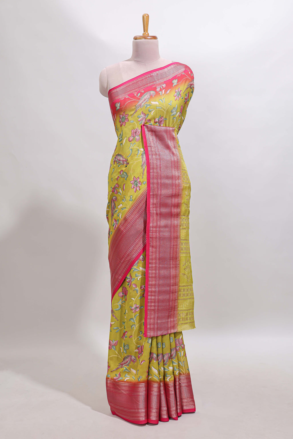 Lemon yellow floral design georgette saree with contrast border and matching blouse