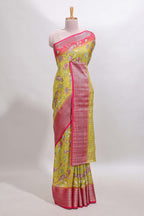 Lemon yellow floral design georgette saree with contrast border and matching blouse