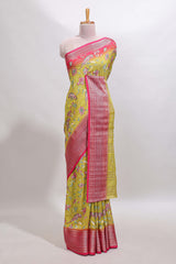 Lemon yellow floral design georgette saree with contrast border and matching blouse
