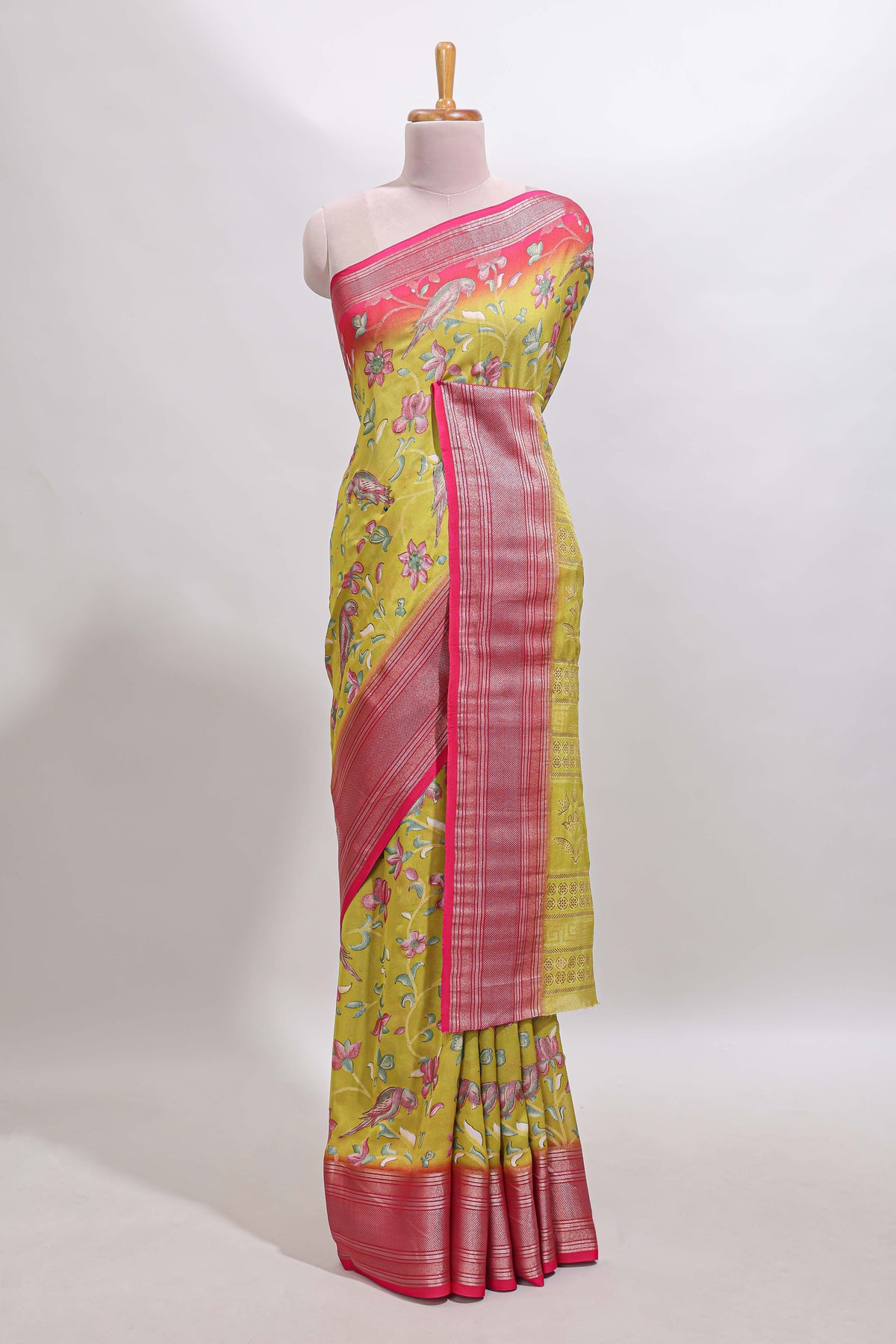 Lemon yellow floral design georgette saree with contrast border and matching blouse