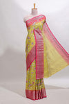 Lemon yellow floral design georgette saree with contrast border and matching blouse