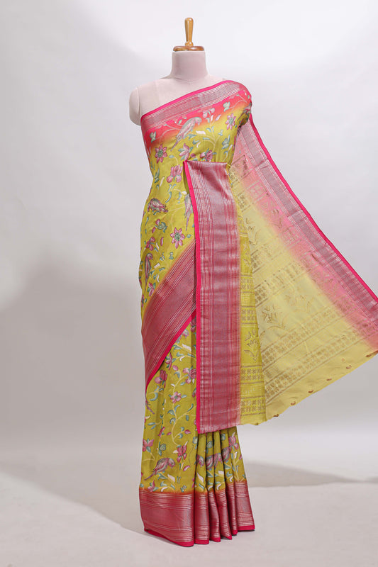 Lemon yellow floral design georgette saree with contrast border and matching blouse