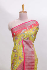 Lemon yellow floral design georgette saree with contrast border and matching blouse