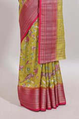 Lemon yellow floral design georgette saree with contrast border and matching blouse