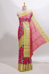 Pink floral design georgette saree with contrast border and motifs blouse