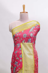 Pink floral design georgette saree with contrast border and motifs blouse