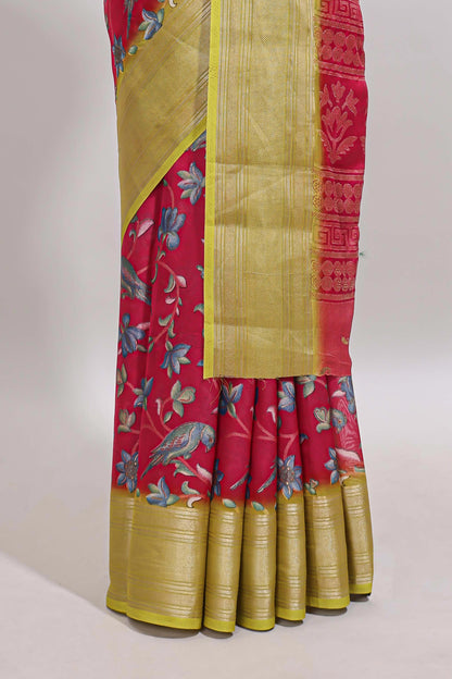 Pink floral design georgette saree with contrast border and motifs blouse