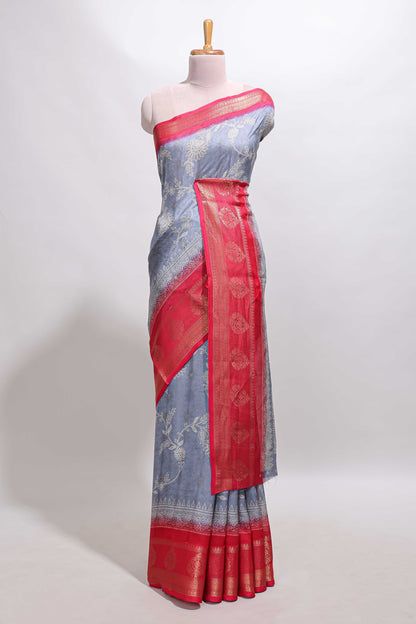 Mauve blue floral design georgette saree with contrast border and motifs blouse