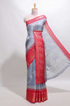 Mauve blue floral design georgette saree with contrast border and motifs blouse