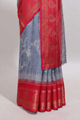 Mauve blue floral design georgette saree with contrast border and motifs blouse