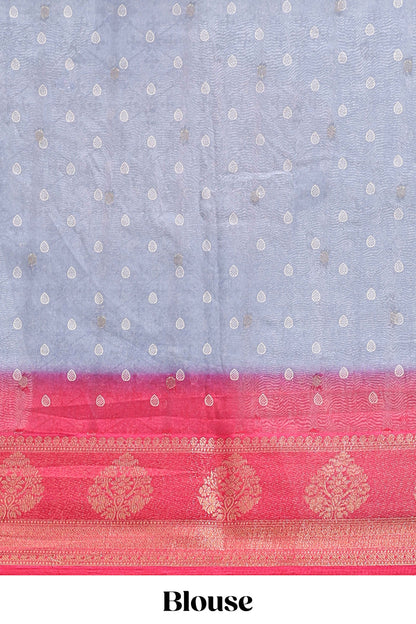 Mauve blue floral design georgette saree with contrast border and motifs blouse
