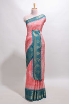 Pink floral design georgette saree with contrast border and motifs blouse