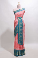 Pink floral design georgette saree with contrast border and motifs blouse