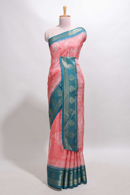 Pink floral design georgette saree with contrast border and motifs blouse