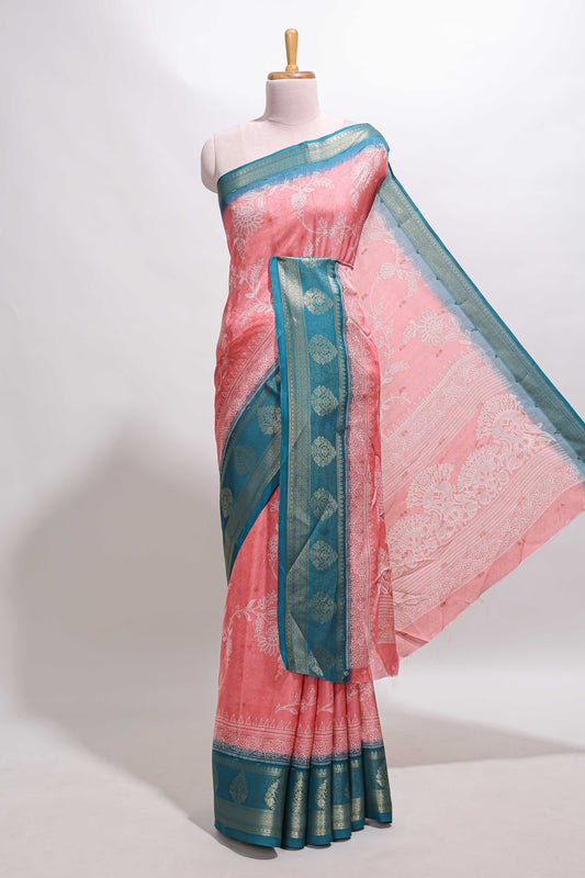 Pink floral design georgette saree with contrast border and motifs blouse