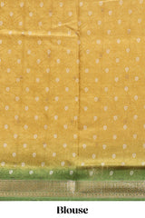Golden yellow floral design georgette saree with contrast border and motifs blouse