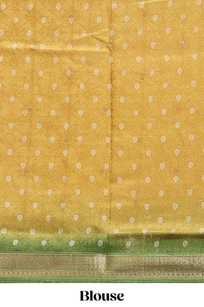 Golden yellow floral design georgette saree with contrast border and motifs blouse