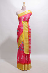 Pink striped floral design georgette saree with contrast border and motifs blouse