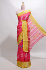 Pink striped floral design georgette saree with contrast border and motifs blouse