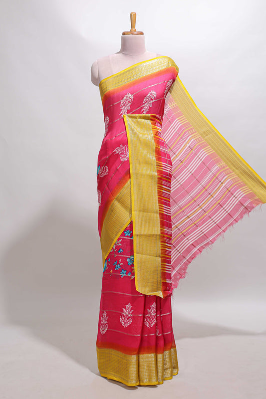 Pink striped floral design georgette saree with contrast border and motifs blouse