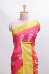 Pink striped floral design georgette saree with contrast border and motifs blouse