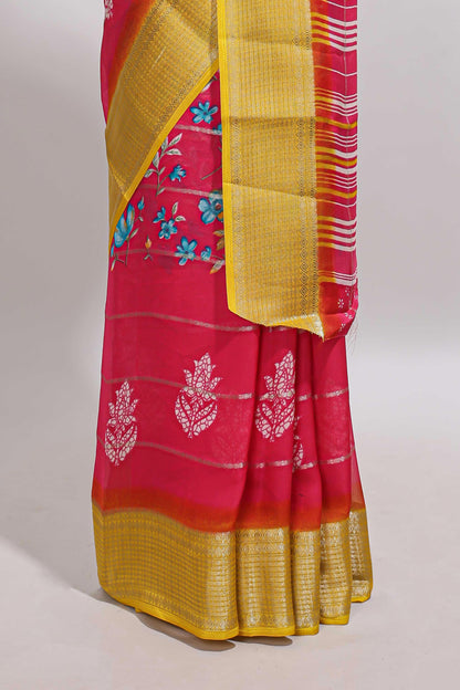 Pink striped floral design georgette saree with contrast border and motifs blouse