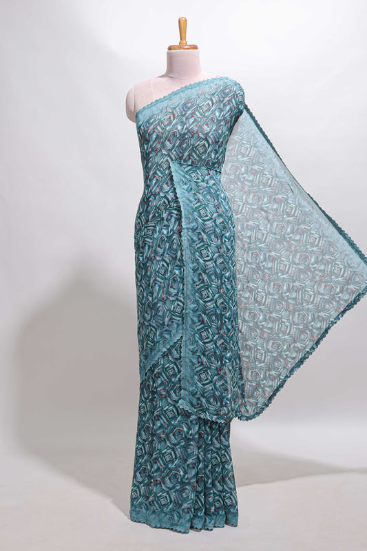 Turquoise blue geometirc digital print georgette saree with self scallop border and matching blouse